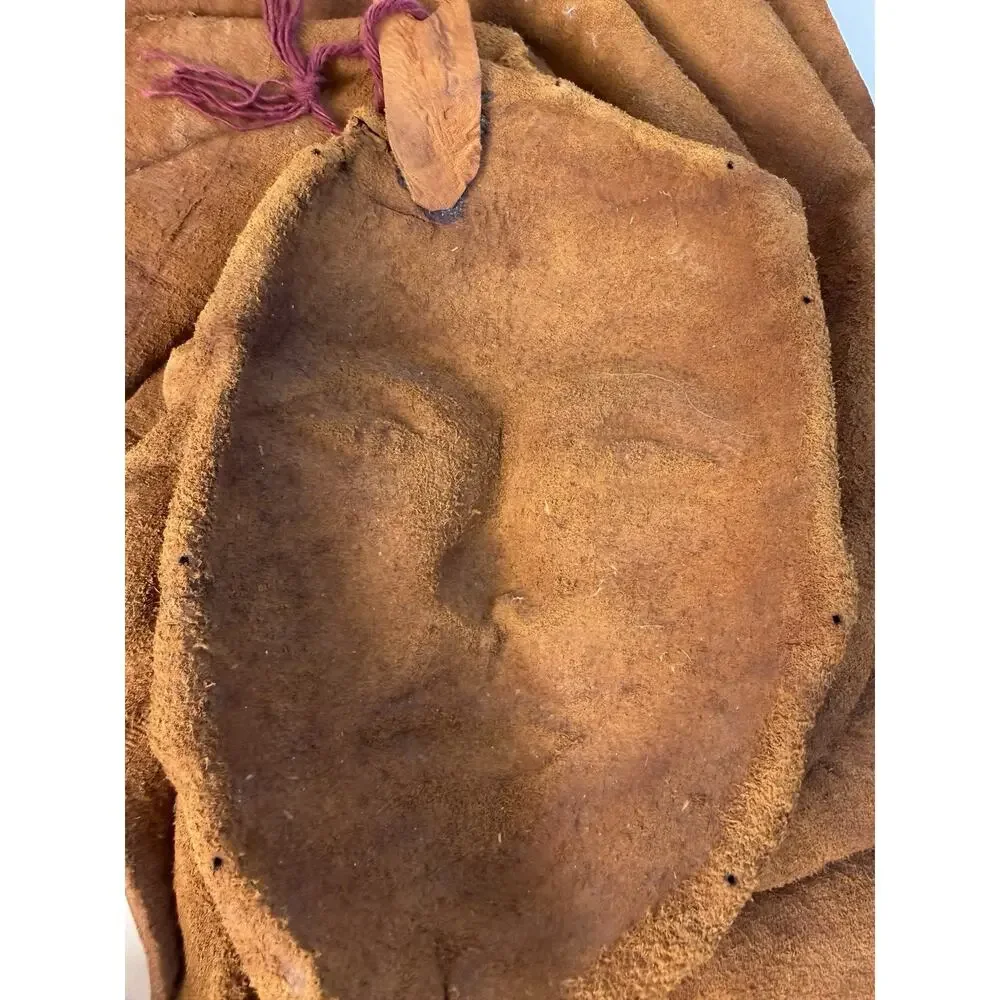 Leather Sculped Hand Tooled Molded Face Mask Wall Decor Folk Art 16x12